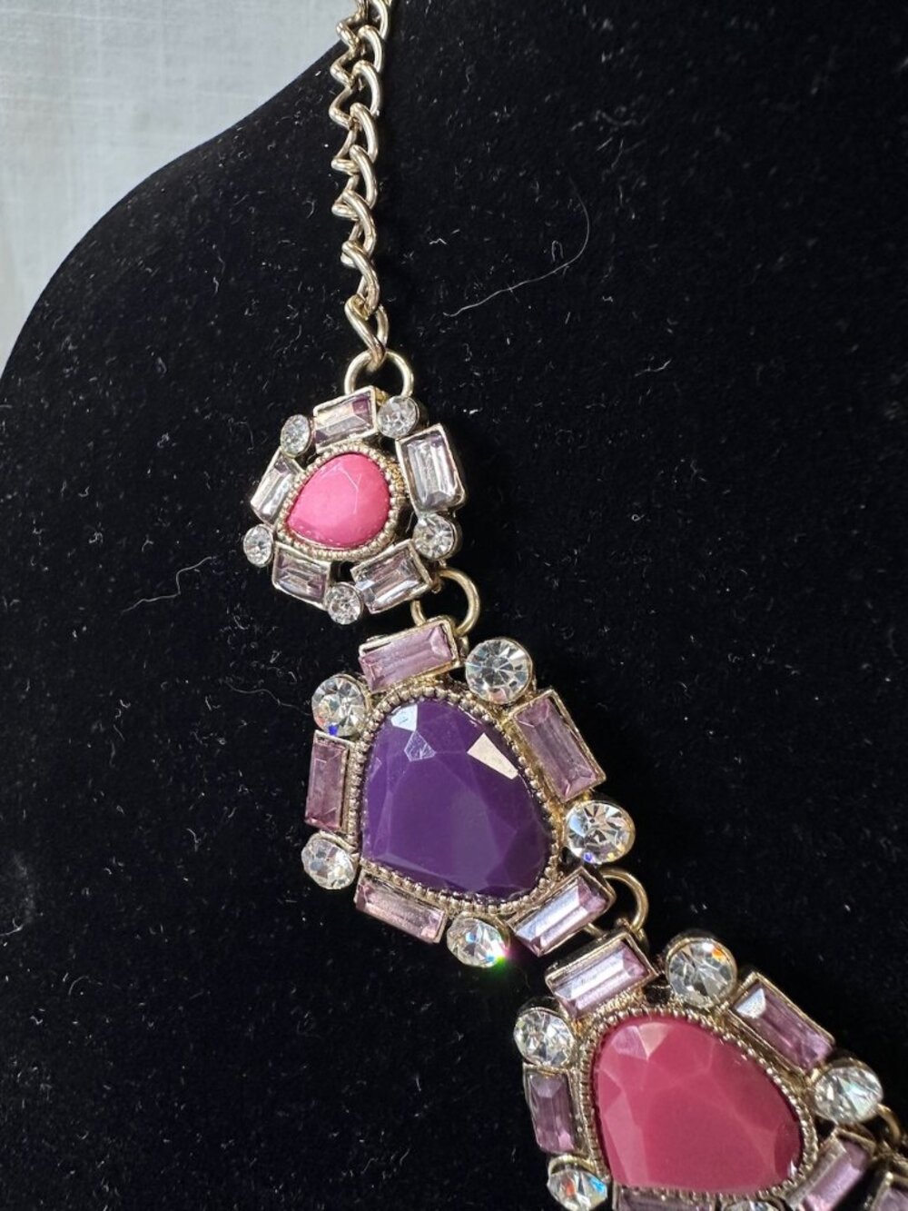 Pink Purple and Rhinestone Statement Necklace - Picture 3 of 13